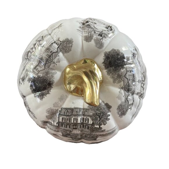 Mackenzie Childs NY Estate Black Toile Pumpkin Gold Stem 11" Rare Autumn Decor - Picture 2 of 11